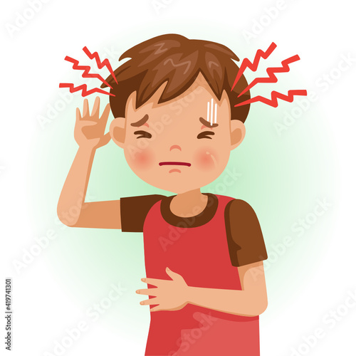 Headache. The boy is sick, Sick kid and feeling bad. Portrait of boy suffering from severe headache, pressing fingers to temples