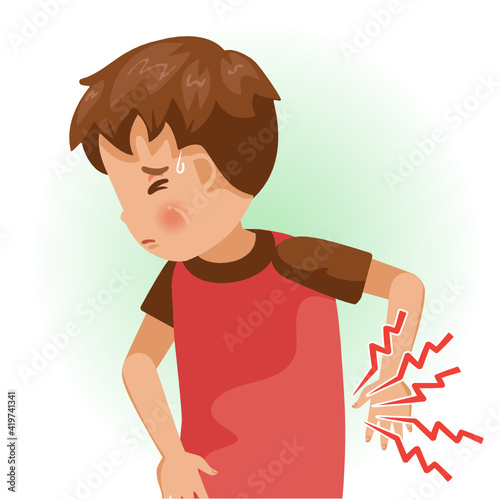 Low back pain or sore. The boy is sick, Sick person and feeling bad.