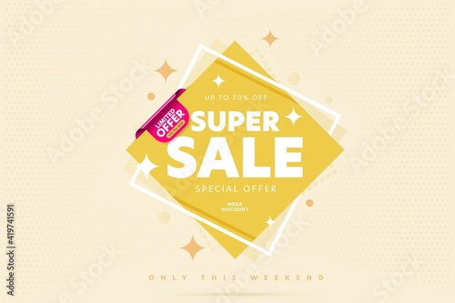 Super sale up to 70 percent off mega discount limited offer. Only this weekend wholesale bargain promo big banner template with geometric design element vector illustration on pastel yellow copy space