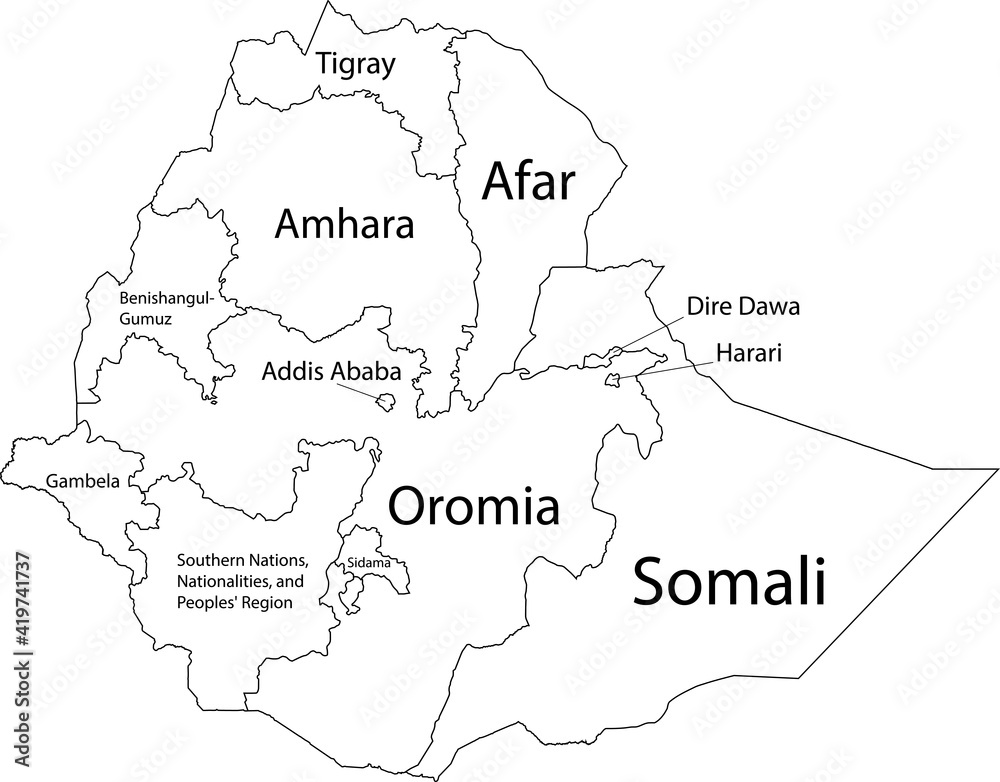 White vector map of the Federal Democratic Republic of Ethiopia with black borders and names of its regions