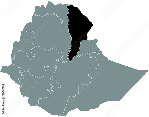 Black highlighted location map of the Ethiopian Afar Region inside gray map of the Federal Democratic Republic of Ethiopia