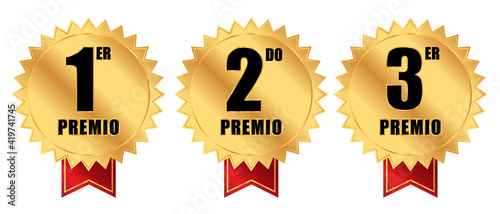 Insignia primero, segundo y tercer premio en listón o etiqueta dorada