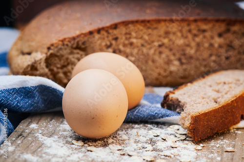 Bread , Eggs and Muesli On Wooden Surface