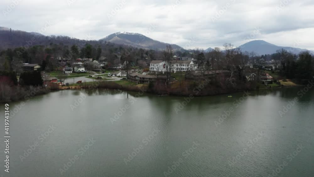 Lakeside town and Great Smoky Mountains in high angle view Lakeside town and Great Smoky Mountains in high angle view