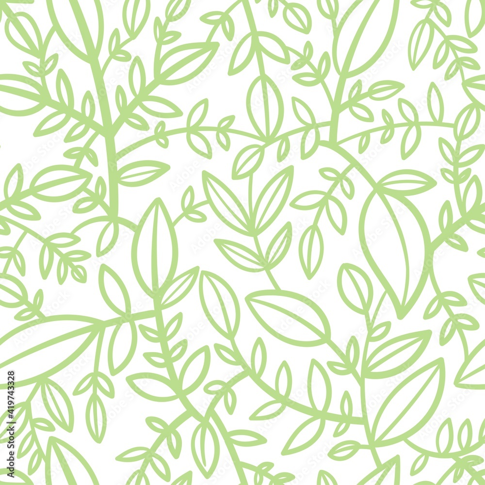 Seamless pattern with different eaves on white background. Vector print with plants.