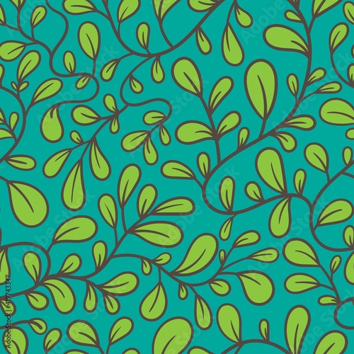 Seamless pattern with  plants on green background. Vector print with herbs. Doodle botanical wallpaper.