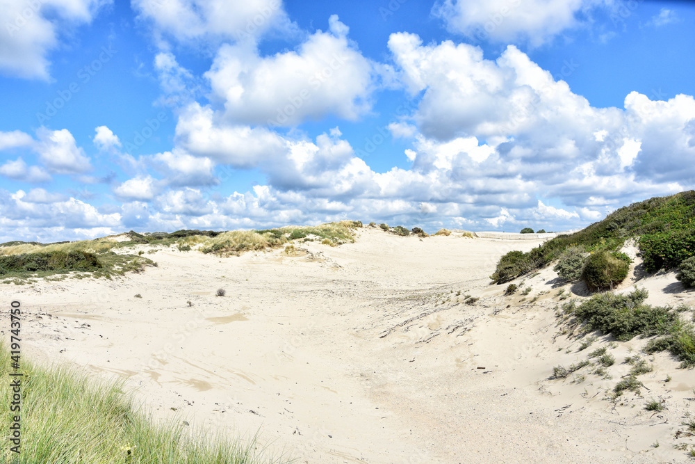 Kijkduin. Beautiful Dutch landscape with dunes and a picturesque cloudy sky. Netherlands, Holland, Europe