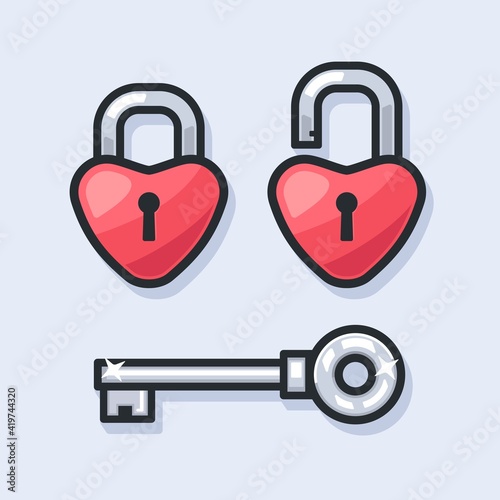 Set of locked and unlocked heart padlocks and silver keys vector illustration. 