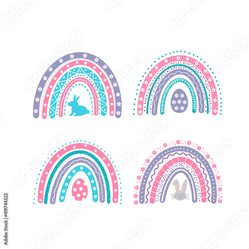 Cute Easter Rainbows. Hand drawn cute boho clipart. Vector template for Easter banner, poster, flyer, greeting card, t-shirt, etc