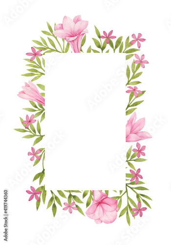 Watercolor floral frame with pink flowers on white background