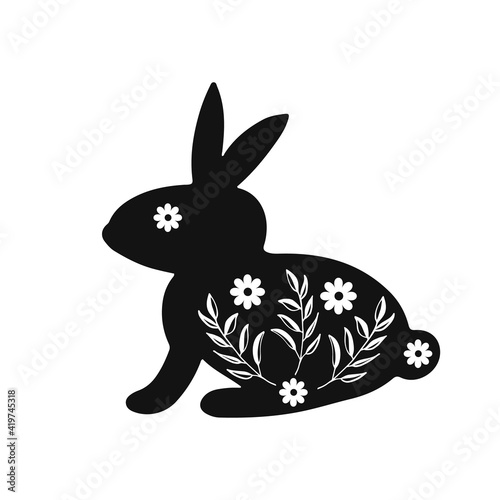 Easter bunny silhouette with floral elements on it. Easter celebration banner. Vector template for poster, invitation, greeting card, flyer , etc