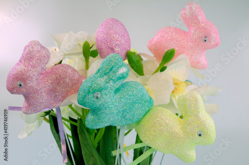 Easter daffodils a symbol of the Resurrection. The Easter Bunny is a folkloric figure and 
symbol of Easter, depicted as a rabbit bringing Easter eggs.