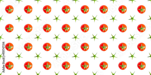 Fototapeta Naklejka Na Ścianę i Meble -  Seamless pattern of fresh ripe red cherry tomatoes isolated on white background. Top view. Banner. Flat lay composition.