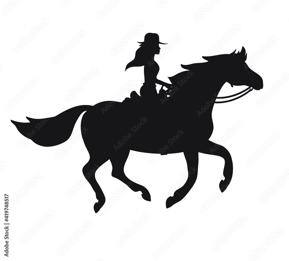 Vector western cowboy girl woman riding running horse silhouette isolated on white background