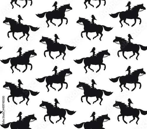 Vector seamless pattern of black western cowboy girl woman riding running horse silhouette isolated on white background © Sweta