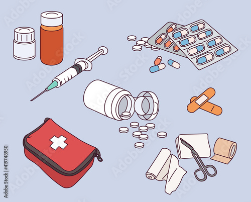Medicine illustration. Medicines are scattered on the desk.