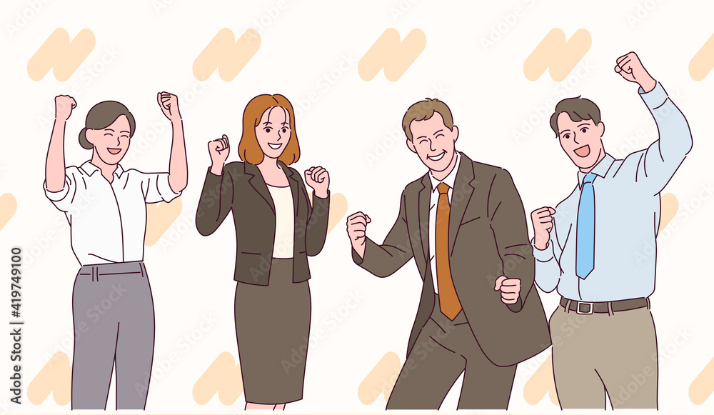 People in suits are showing positive expressions with their fists clenched. People in suits are showing positive expressions with their fists clenched.