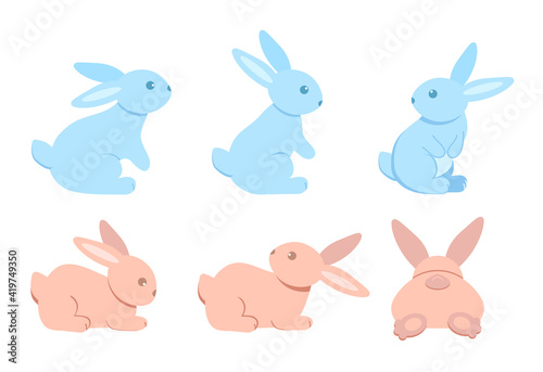 A set of cute rabbits. Six colored sitting and recumbent bunnies on a white background. Festive Easter bunnies. Vector illustration.