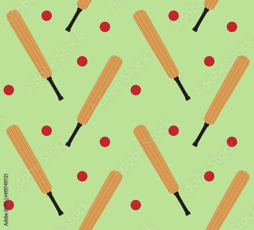 Vector seamless pattern of flat colored cricket bat and ball isolated on green background