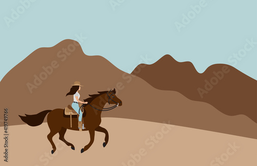 Vector flat cartoon cowboy woman girl riding horse isolated on landscape background