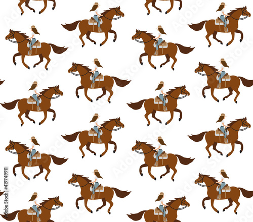 Vector seamless pattern of flat western cowboy girl woman riding running horse isolated on white background