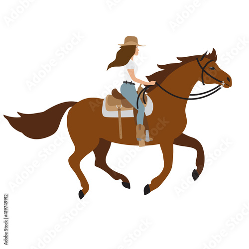 Vector flat western cowboy girl woman riding running horse isolated on white background © Sweta
