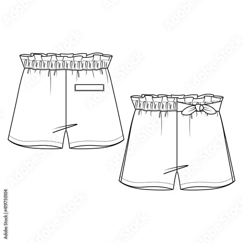Cute Girls Shorts with decorative bow fashion flat sketch template. Technical Fashion Illustration. Paperbag waist. Back Welt Pocket