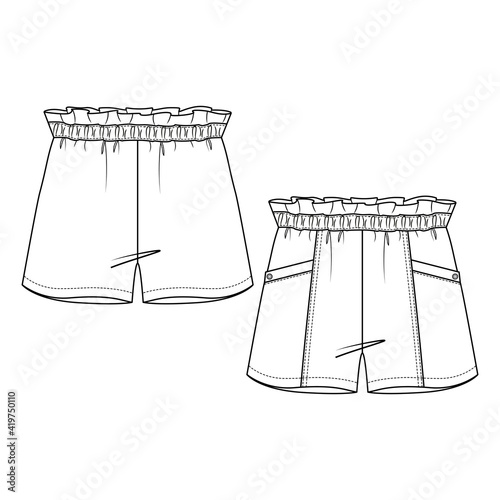 Girls Woven Shorts with front pockets fashion flat sketch template. Technical Fashion Illustration. Paperbag Elastic waist. Front Seams. 