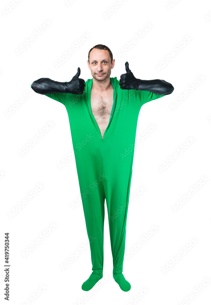 Man wear chroma key green screen body suit and gloves showing a hand  gesture like a