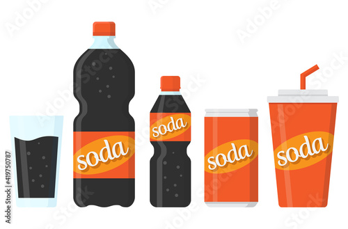 Collection of soda drink container, soda drink, glasses, bottle, soda can, paper soda cup, vector illustration