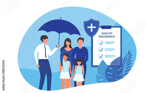 Insurance agent holding umbrella over family to protect from life and health accident. Health and life insurance policy, healthcare concept 