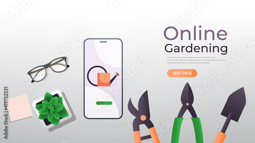 garden and farm tools on smartphone screen eco smart farming management online gardening concept horizontal copy space vector illustration