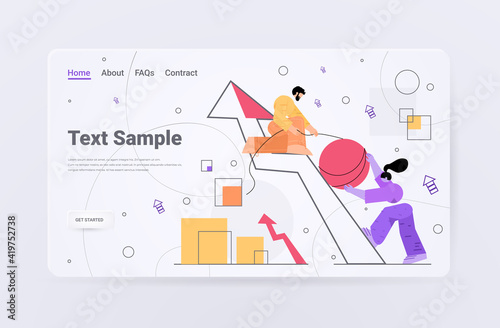 successful businesspeople pushing ball on financial arrow growth chart business success achievement leadership concept full length horizontal copy space vector illustration