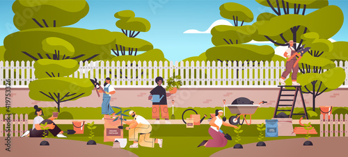 gardeners taking care of plants people working together planting gardens flowers in backyard gardening concept full length horizontal vector illustration