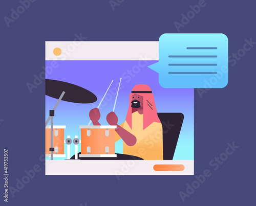 black muslim man playing drums in web browser window online music theory concept portrait horizontal vector illustration
