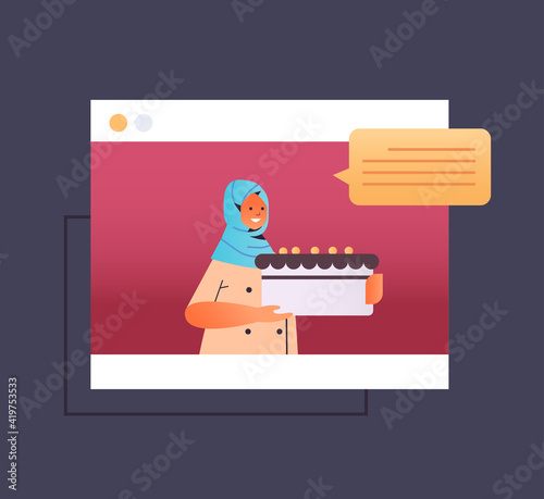 arab woman food blogger preparing cake arabic chef in web browser window telling how to cook dish online cooking school concept portrait vector illustration