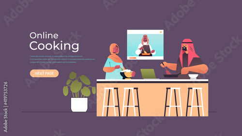 arabic food bloggers couple preparing dish while watching video tutorial with arab chef in web browser window online cooking concept horizontal copy space vector illustration