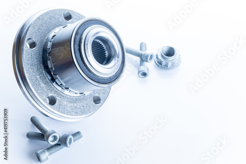 Mechanic part. Set of new metal car part. Auto motor mechanic spare or automotive piece isolated on white background. Repair and vehicle service.