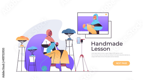 arab woman learning to knit while watching video course with female arabic teacher in web browser window online handmade lesson concept horizontal copy space vector illustration