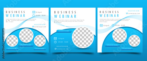 Set of Webinar social media post template. Blue and white background color with abstract shape line. Perfect for social media, banners, and web ads. Banner design with place for the photo.