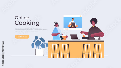 african american food bloggers couple preparing dish while watching video tutorial with male chef in web browser window online cooking concept horizontal copy space vector illustration