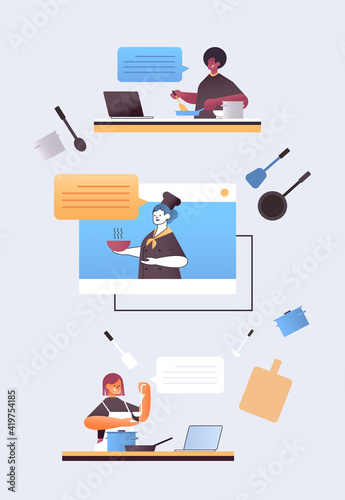 set mix race chefs preparing food online cooking virtual culinary school concept portrait vertical vector illustration