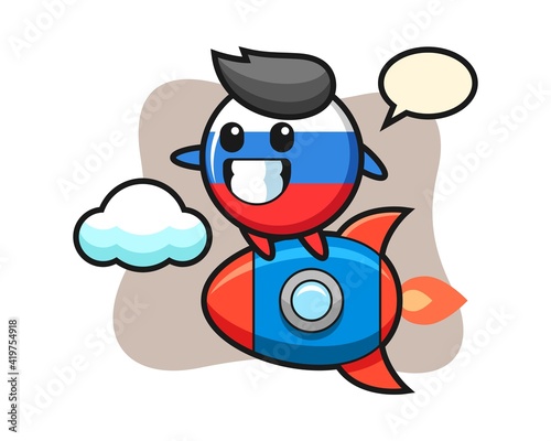 Russia flag badge mascot character riding a rocket