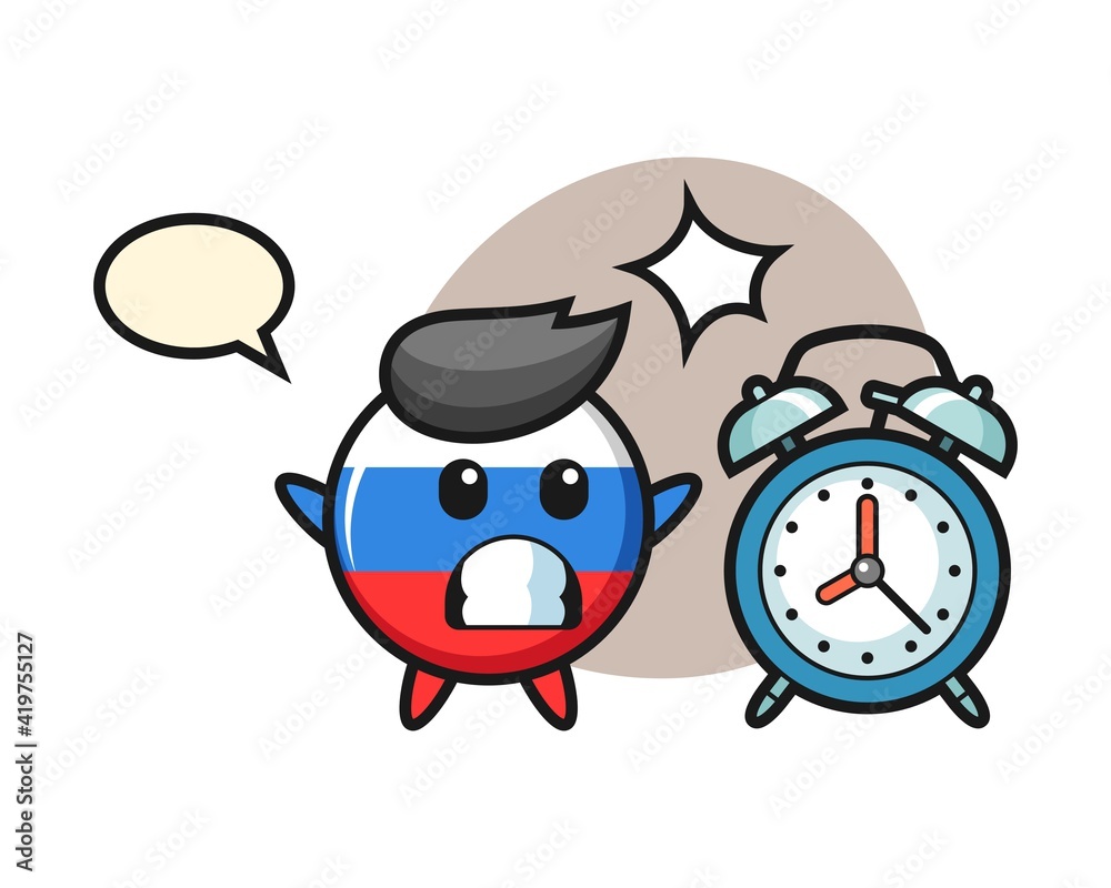 Cartoon illustration of russia flag badge is surprised with a giant alarm clock