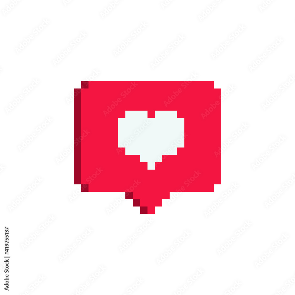 Like, follower icon. Pixel art. Heart social media notification. Web site design. 8-bit. Isolated abstract pixel art vector illustrations.