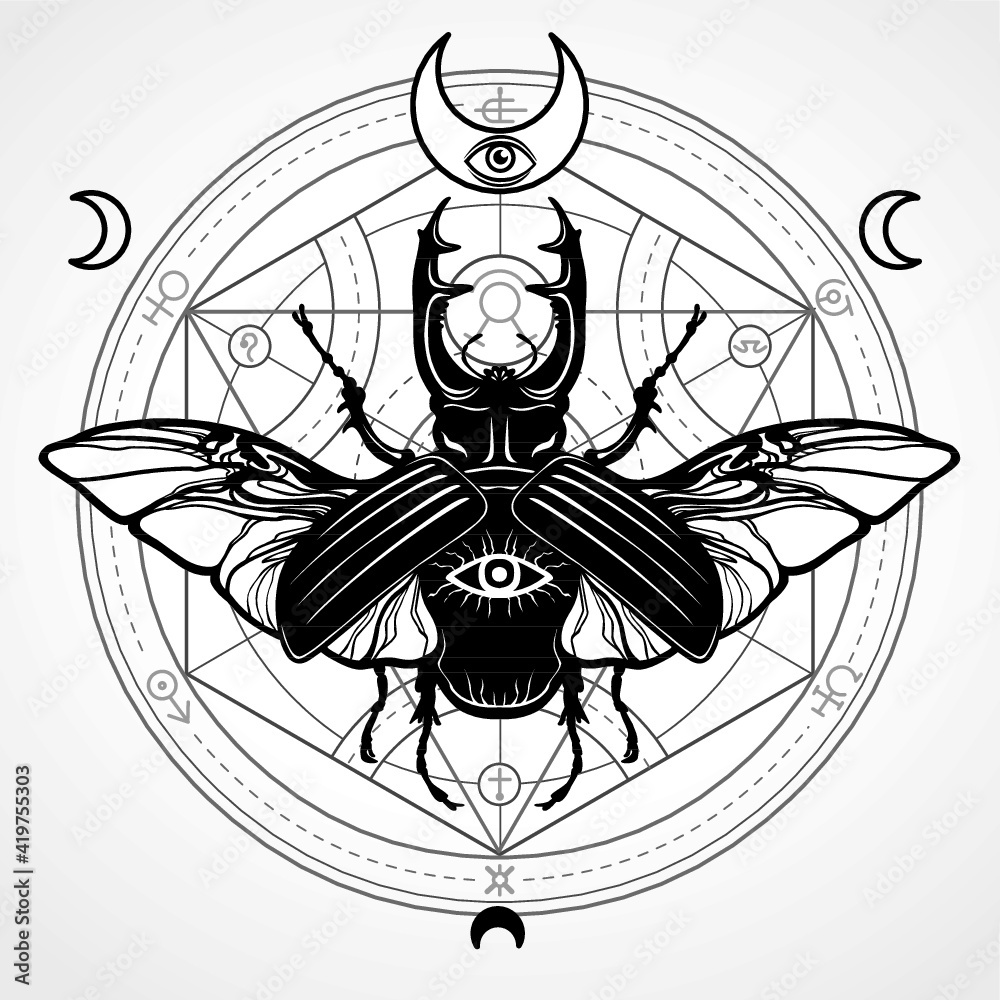 Horned bug. Mystical circle. Esoteric symbol, sacred geometry. Sign of the moon. Monochrome drawing isolated on a grey background. Vector illustration. Print, posters, t-shirt, textiles. Horned bug. Mystical circle. Esoteric symbol, sacred geometry. Sign of the moon. Monochrome drawing isolated on a grey background. Vector illustration. Print, posters, t-shirt, textiles.