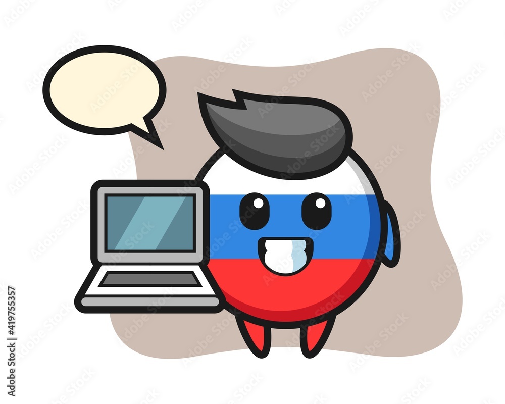 Mascot illustration of russia flag badge with a laptop