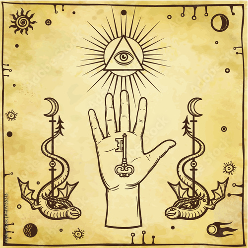 Human hand holds the key, dragons tempters, shining Eye of Providence.  Esoteric, Religion, occultism. Background - imitation of old paper. Vector illustration.