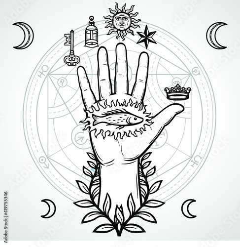 Mystical symbol  human hand  sacred geometry. Alchemical circle of transformations. Vector illustration isolated on a gray background. Print  poster  t-shirt  card.