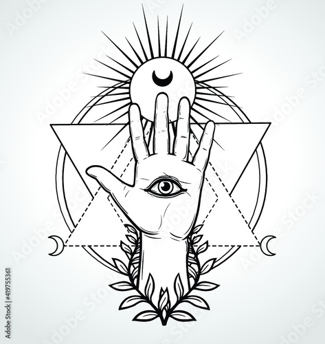 Mystical symbol: human hand, Eye of Providence, sacred geometry. Esoteric, religion, occultism. Vector illustration isolated on a gray background. Print, poster, t-shirt, card.